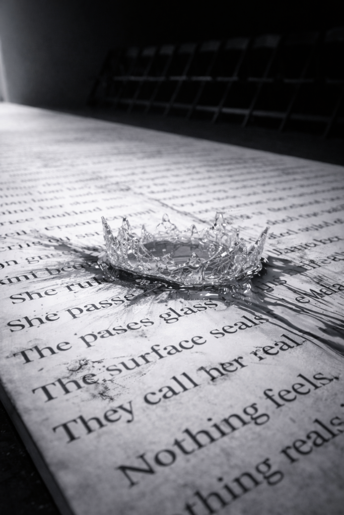 Kiss and Crown — runway text installation derived from the Catwalk Talk cycle.
Close up of printed lyrics from label 11: Kiss and Crown on the runway surface of the Catwalk Talk installation by VOLSER