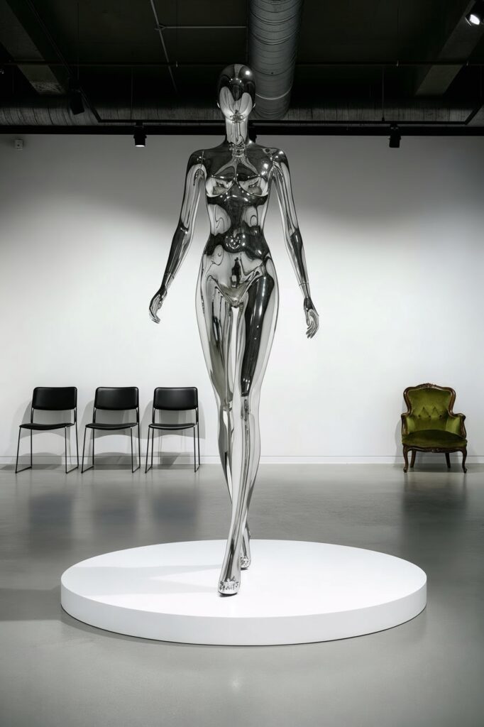 Life-size  mirrored sculpture of female figure captured in the final step of a runway walk. presented on a white circular plinth as part of gallery installation with chairs forming the viewing axis.