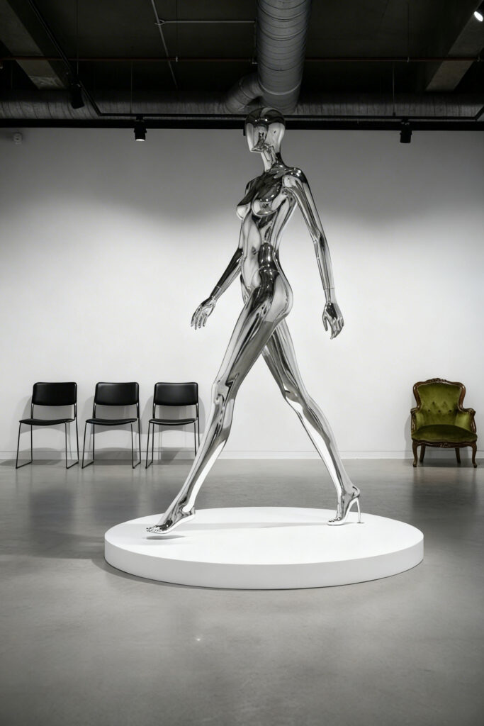 Life-sized mirrored chrome female sculpture captured mid runway step  walk, viewed from the side and presented on white circular plinth as part of gallery installation Walk Module by VOLSER.